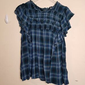 Free People Not Your Average Girl Navy Ruffle Shoulder Top Large